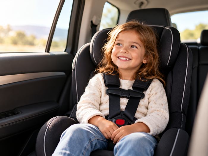 Smiling child in a car seat