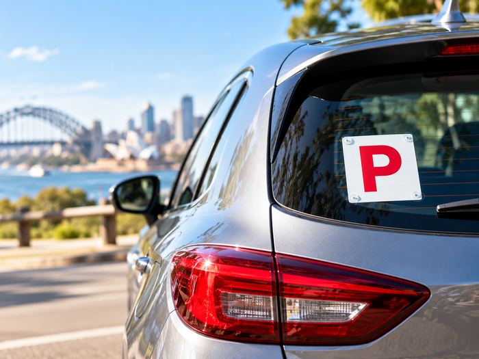Red P plate on back of a passenger car