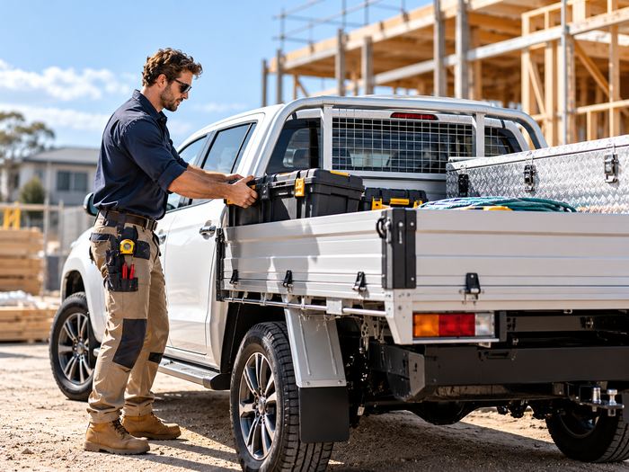 Silver utility vehicle with rear tray and open gate